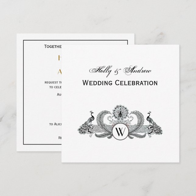 Invitation Monogramme Paons Vintage (Devant / Derrière)