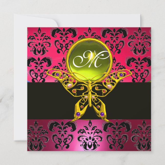 Invitation MONOGRAMME PAPILLON HYPER, damas rose, gemme jaune (Devant)