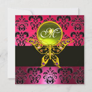 Invitation MONOGRAMME PAPILLON HYPER, damas rose, gemme jaune