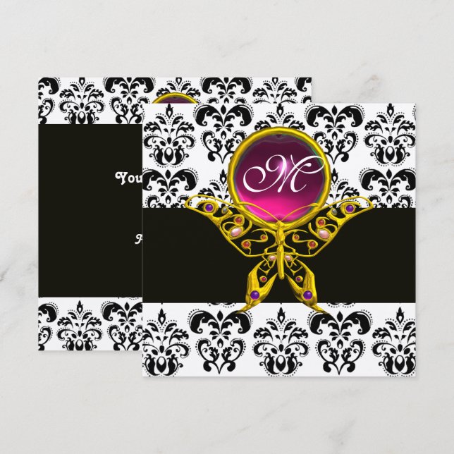 Invitation MONOGRAMME PAPILLON HYPER, damassé noir blanc, ros (Devant / Derrière)