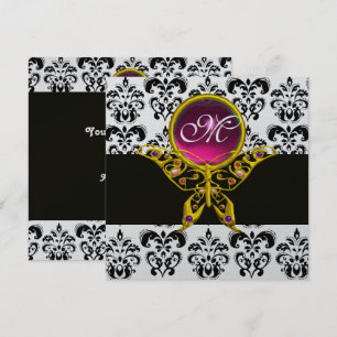 Invitation MONOGRAMME PAPILLON HYPER, damassé noir blanc, ros