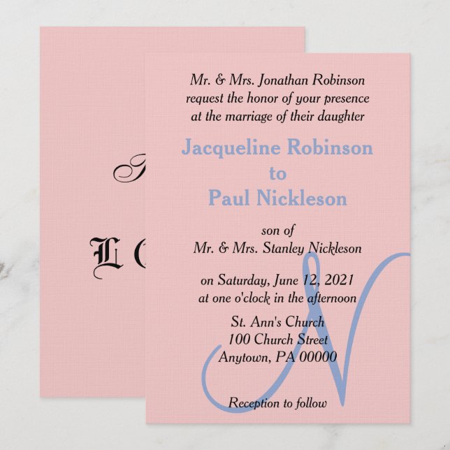 Invitation Monogramme Pastel Rose Bleu (Devant / Derrière)