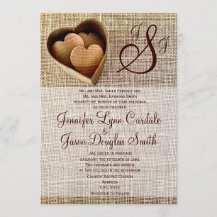 Invitation Monogramme Pays Coeurs en bois Mariage au tour de