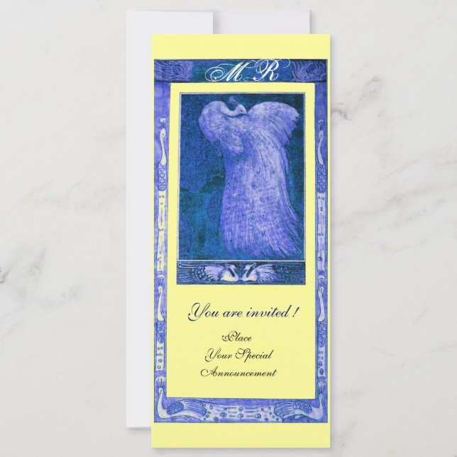 Invitation MONOGRAMME PERRUCHE AMOUR MARIAGE ,bleu jaune (Devant)