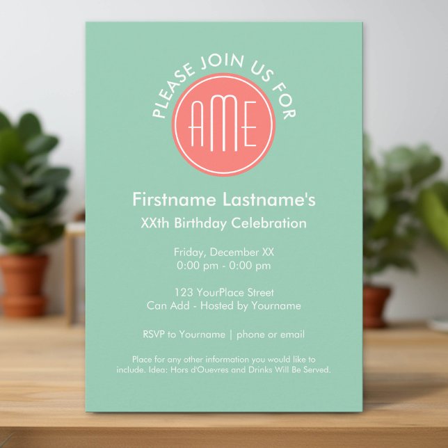 Invitation Monogramme personnalisé Chevrons Menthe et Corail (Monogram Preppy Birthday Invitation)