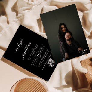 Invitation Monogramme photo de script noir moderne Code QR Ma