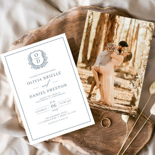 Invitation Monogramme photo Mariage de la crête feuilletée bl