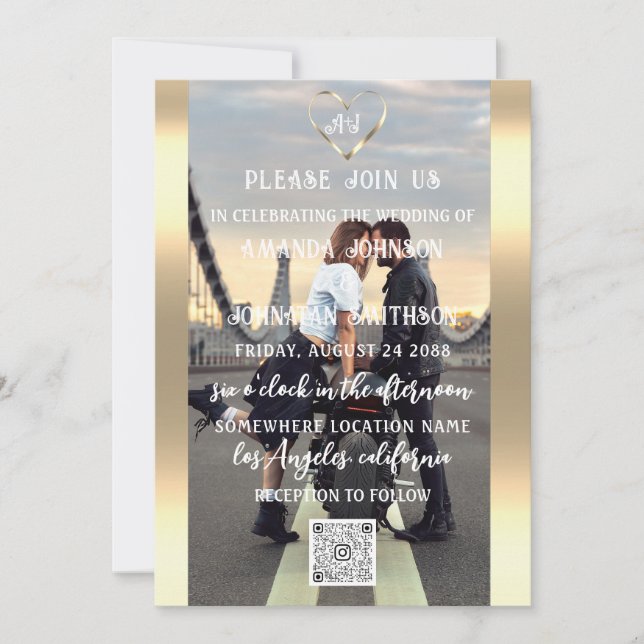 Invitation Monogramme photo personnalisée QR Code Gold Grey (Devant)