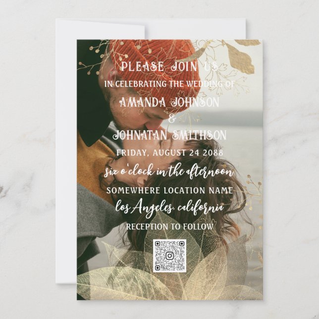 Invitation Monogramme Photo personnalisée QR Code Golden Line (Devant)