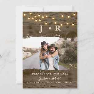 Invitation Monogramme Photo Rustique String Lights Enregistre