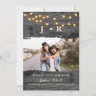 Invitation Monogramme Photo Rustique String Lights Enregistre