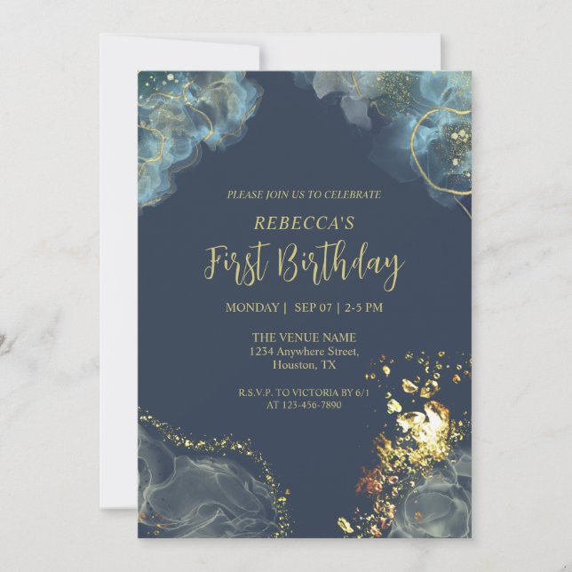 Invitation Monogramme Premium or bleu bleu marine personnalis (Devant)