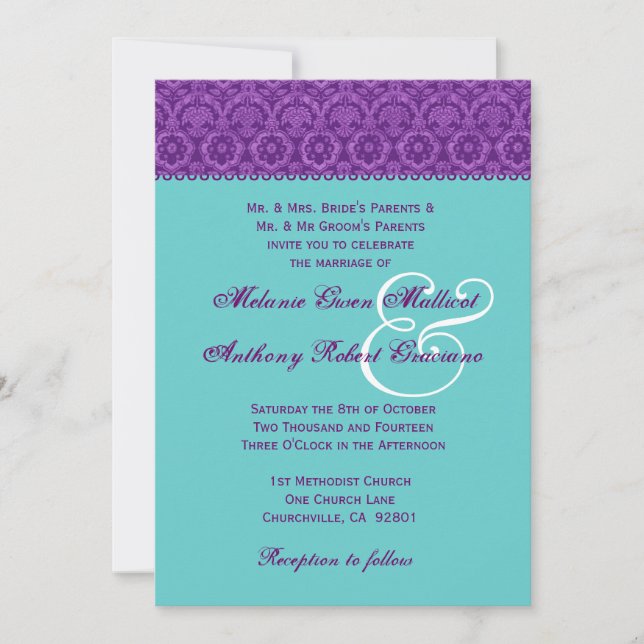 Invitation Monogramme Purple et Aqua Vintage Mariage damassé (Devant)