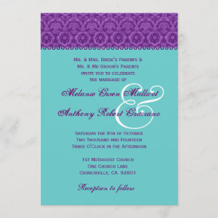 Invitation Monogramme Purple et Aqua Vintage Mariage damassé