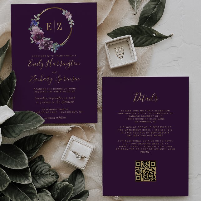 Invitation Monogramme Purple Floral Wreath QR Code Mariage (Créateur téléchargé)