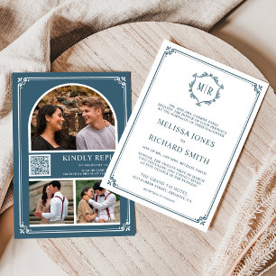 Invitation Monogramme QR Code Photo Collage Dusty Blue Mariag