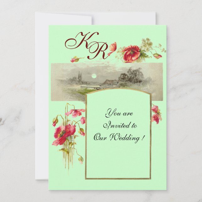 Invitation MONOGRAMME ROMANTİCA / POPIES, rouge, vert (Devant)