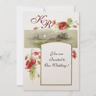 Invitation MONOGRAMME ROMANTİCA / POPIES, rouge, vert blanc