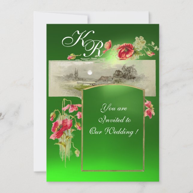 Invitation MONOGRAMME ROMANTİQUE / COQUELİCOTS, rouge, vert é (Devant)