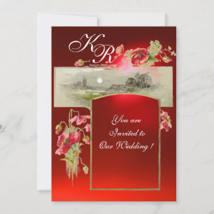 Invitation MONOGRAMME ROMANTIQUE / COQUELICOTS,rouge,vert,rub