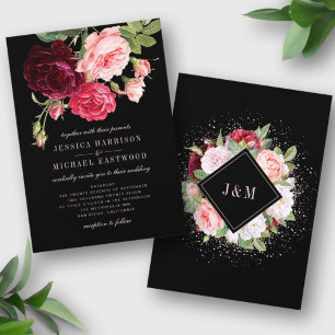 Invitation Monogramme Rose Bouquet Élégant Mariage noir