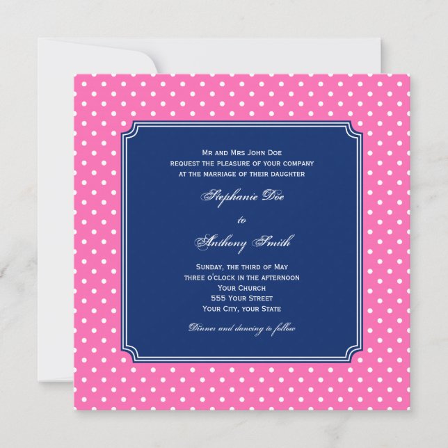 Invitation Monogramme rose chaud, Pointe Polka blanche avec R (Devant)