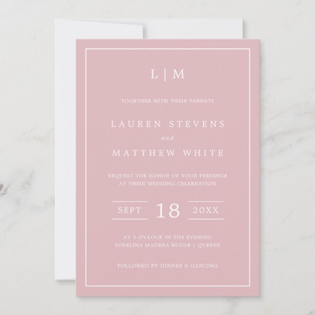 Invitation Monogramme rose clair simple Mariage élégant (Devant)