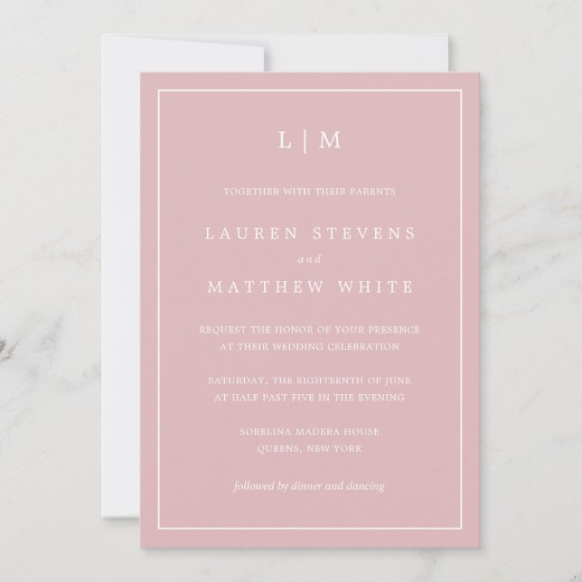 Invitation Monogramme rose clair simple Mariage élégant (Devant)