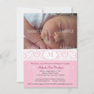 Invitation Monogramme rose Damas Baptême/Christening