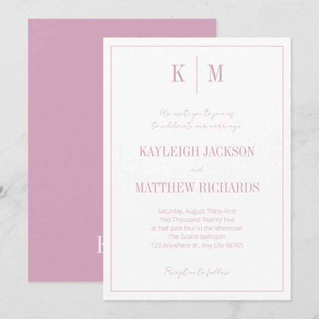 Invitation Monogramme Rose Dusty classique Mariage élégant (Devant / Derrière)