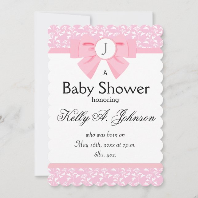 Invitation Monogramme rose en ruban avec impression florale (Devant)