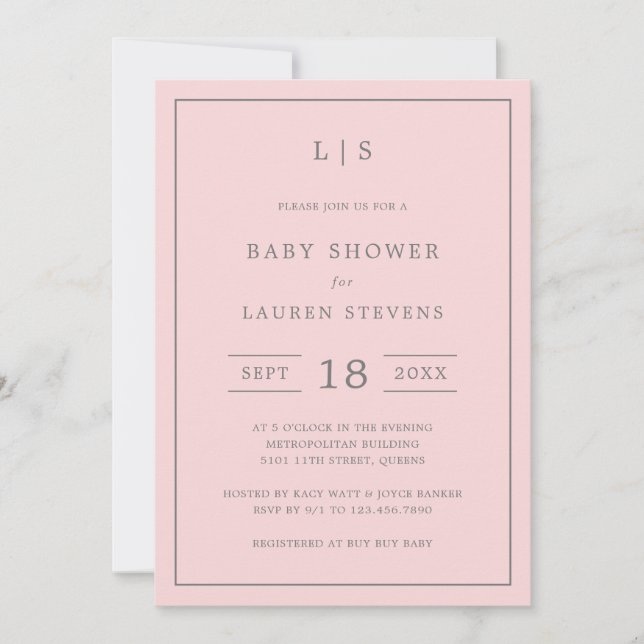 Invitation Monogramme rose et gris simple Baby shower fille (Devant)
