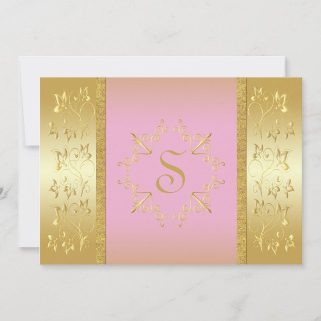 Invitation Monogramme rose et or Floral (Devant)