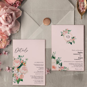 Invitation Monogramme rose Floral Blush en un seul Mariage