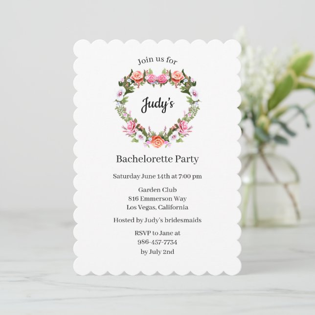 Invitation Monogramme Rose Floral Heart Bachelorette Party (Debout devant)