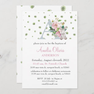 Invitation Monogramme Rose Floral Verdure Baptême Girl Invita