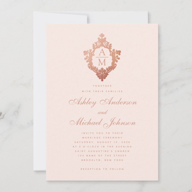 Invitation Monogramme Rose Gold Floral Crest Blush Pink Maria (Devant)