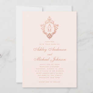 Invitation Monogramme Rose Gold Floral Crest Blush Pink Maria