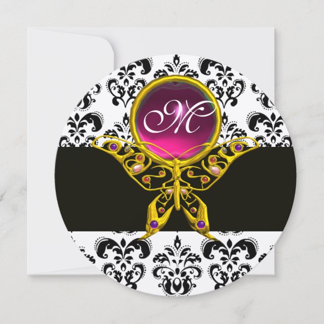 Invitation MONOGRAMME ROSE HYPER BOUTTERFLY, damas noir blanc (Devant)