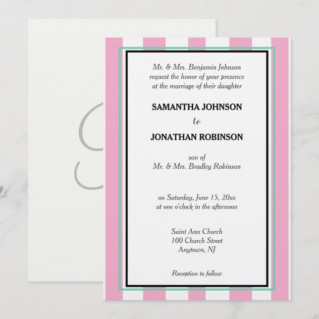 Invitation Monogramme Rose Vert Mousse de Mer Blanc Rayures (Devant / Derrière)
