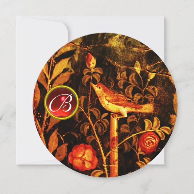 Invitation MONOGRAMME ROSSIGNOL ET ROSES, Rouge Noir Jaune (Devant)