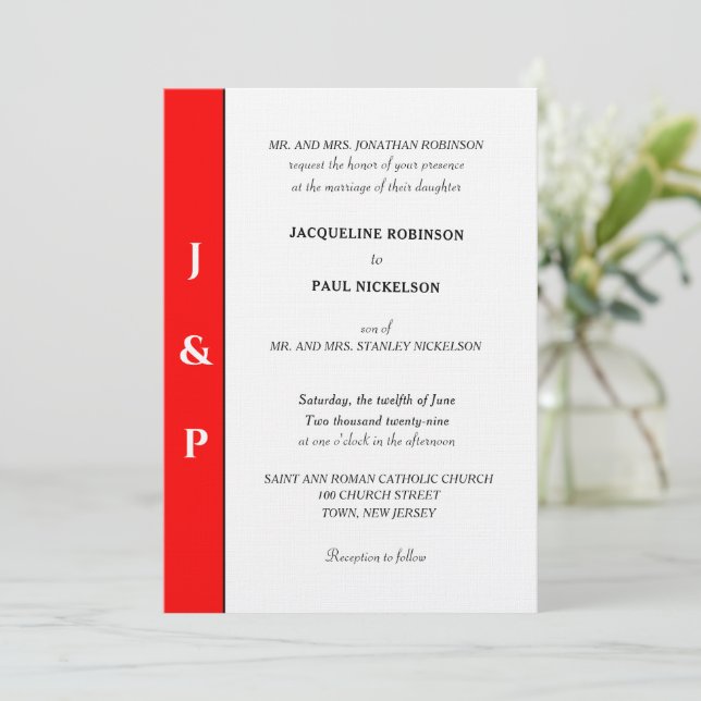 Invitation Monogramme Rouge et Blanc Minimaliste  (Debout devant)