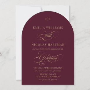 Invitation Monogramme rouge foncé et or Mariage classique