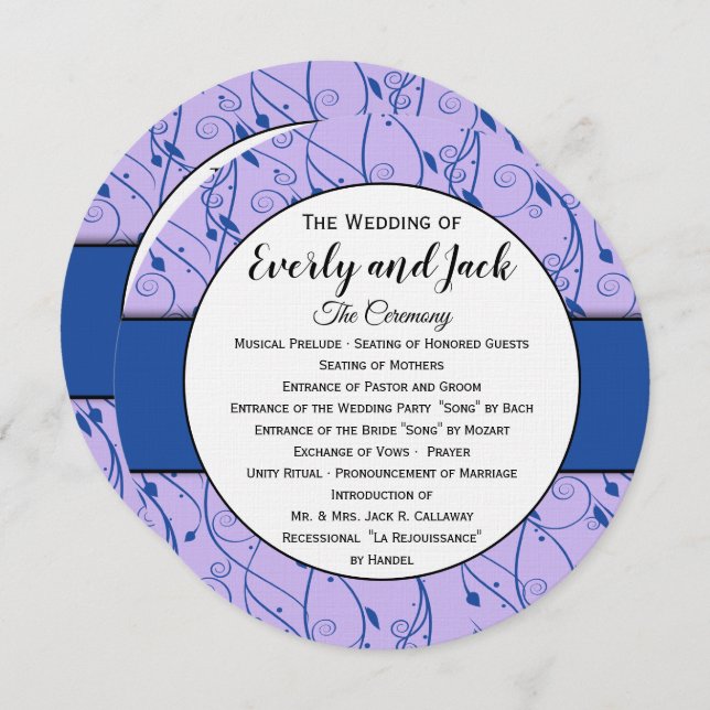 Invitation Monogramme Royal Blue Lilac Swirl Wedding Programm (Devant / Derrière)