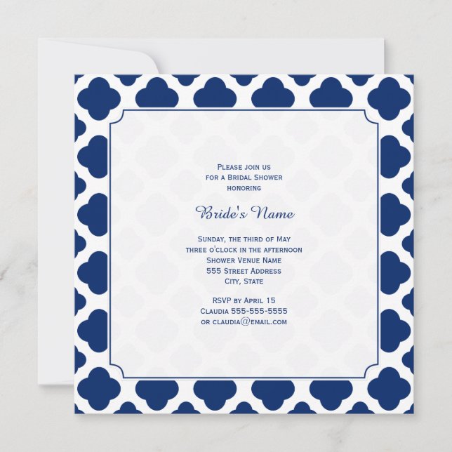 Invitation Monogramme Royal Blue Quatrefoil Fête des mariées (Devant)