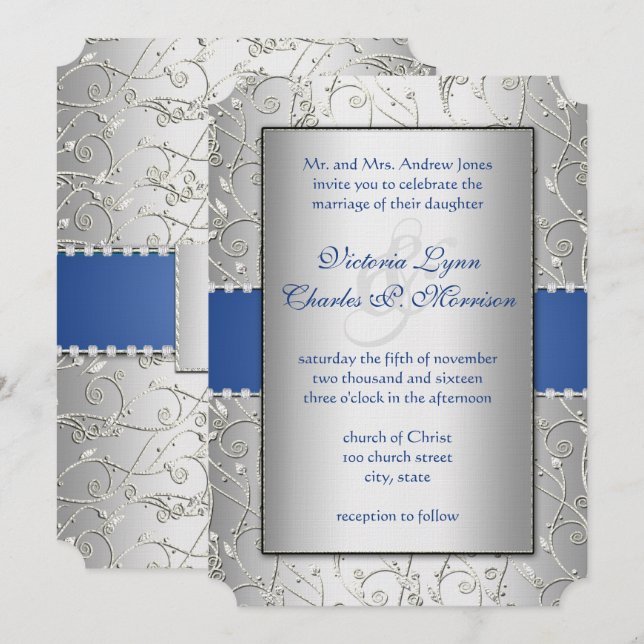 Invitation Monogramme Royal Blue Silver Swirl Mariage (Devant / Derrière)