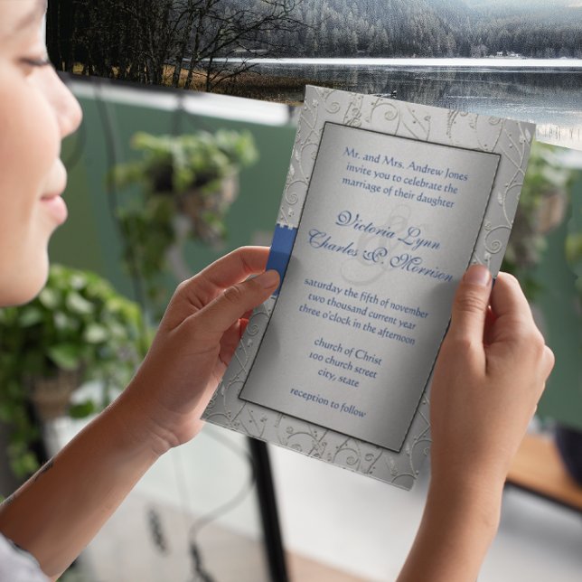 Invitation Monogramme Royal Blue Silver Swirl Mariage (Créateur téléchargé)