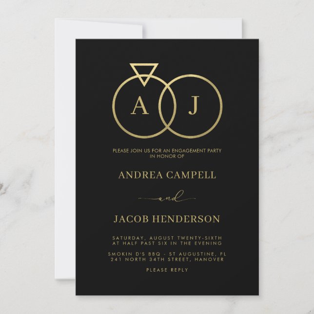Invitation Monogramme Royal Fête de Fiançailles Noir et Or  (Devant)