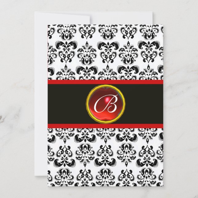 Invitation MONOGRAMME RUBIS ROUGE DAMAS, noir et blanc (Devant)