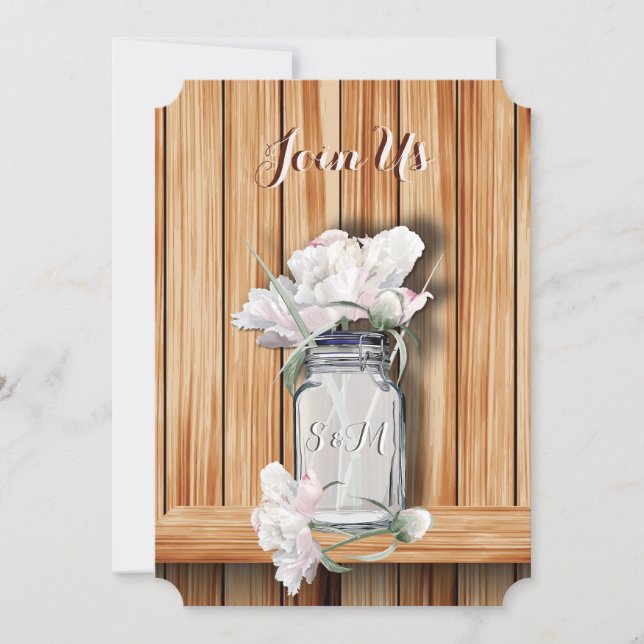 Invitation Monogramme Rustic Mason Jar et Peonies roses (Devant)